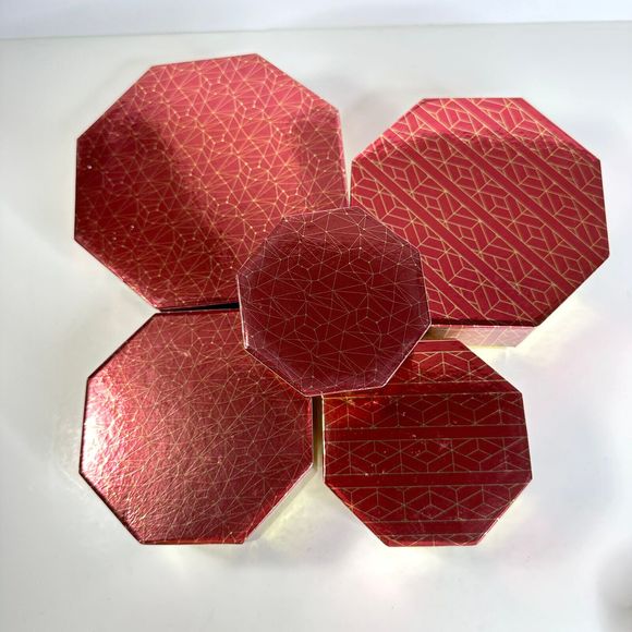 Nested Boxes Set of 5 Red and Gold Stackable with Lids - Picture 4 of 9